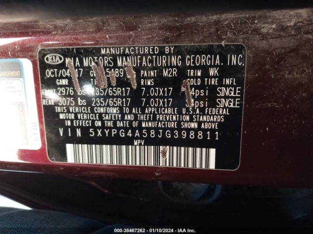 Photo 8 VIN: 5XYPG4A58JG398811 - KIA SORENTO 