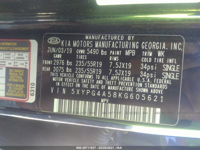 Photo 8 VIN: 5XYPG4A58KG605621 - KIA SORENTO 