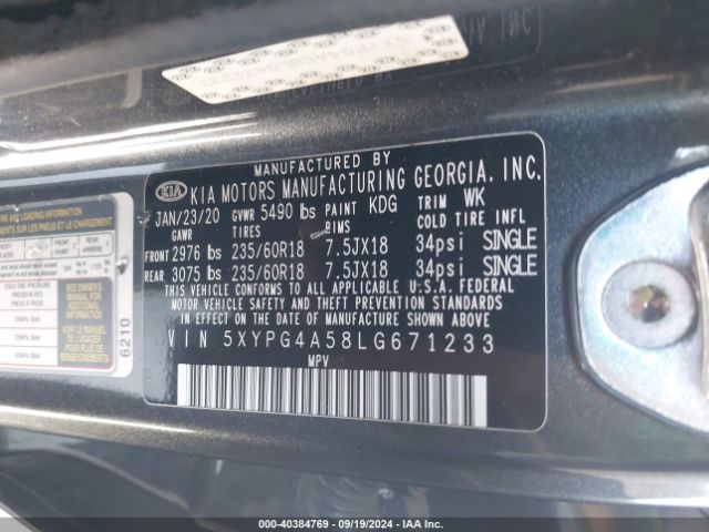 Photo 8 VIN: 5XYPG4A58LG671233 - KIA SORENTO 