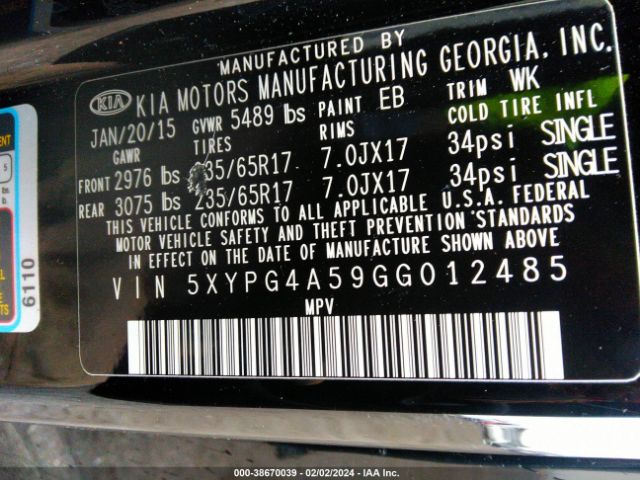 Photo 8 VIN: 5XYPG4A59GG012485 - KIA SORENTO 