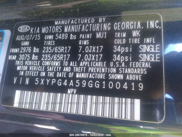 Photo 8 VIN: 5XYPG4A59GG100419 - KIA SORENTO 