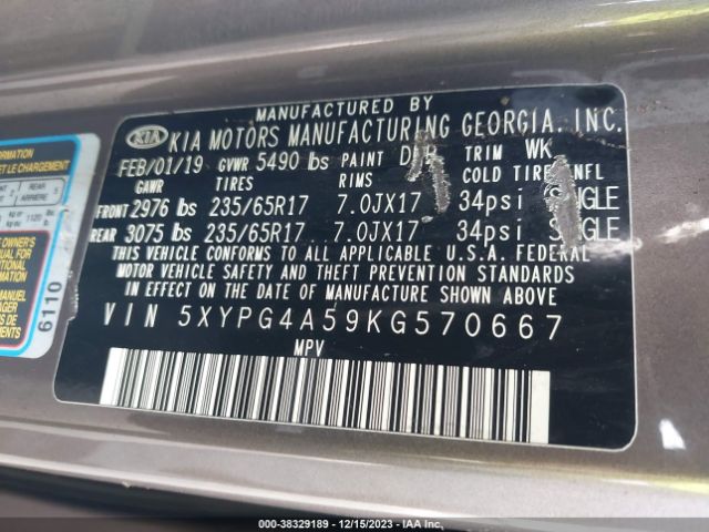 Photo 8 VIN: 5XYPG4A59KG570667 - KIA SORENTO 