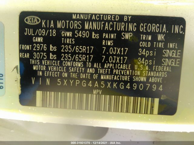 Photo 8 VIN: 5XYPG4A5XKG490794 - KIA SORENTO 