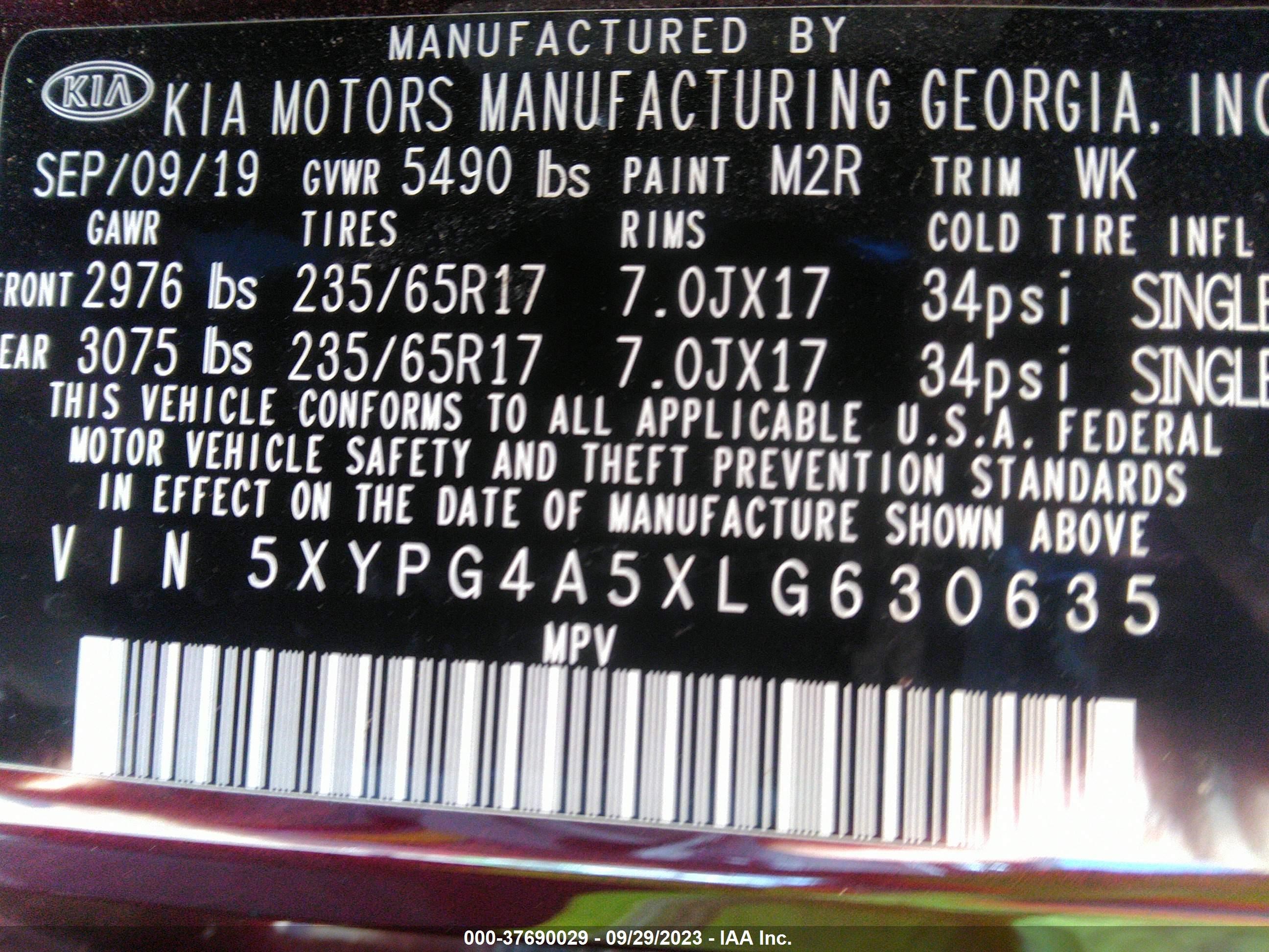 Photo 8 VIN: 5XYPG4A5XLG630635 - KIA SORENTO 