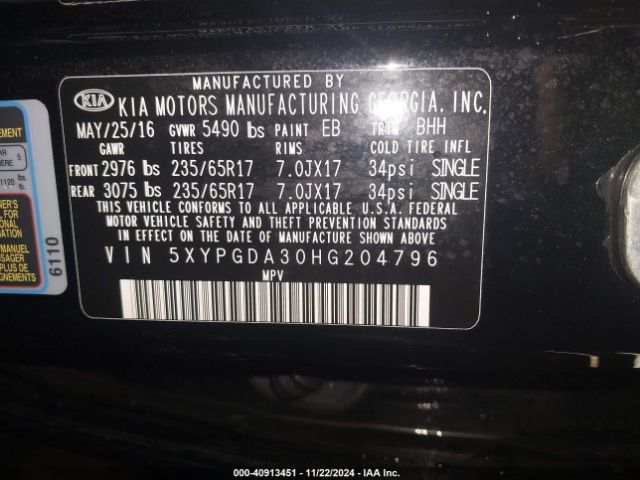 Photo 8 VIN: 5XYPGDA30HG204796 - KIA SORENTO 