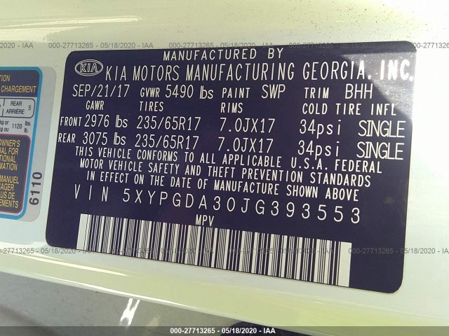 Photo 8 VIN: 5XYPGDA30JG393553 - KIA SORENTO 