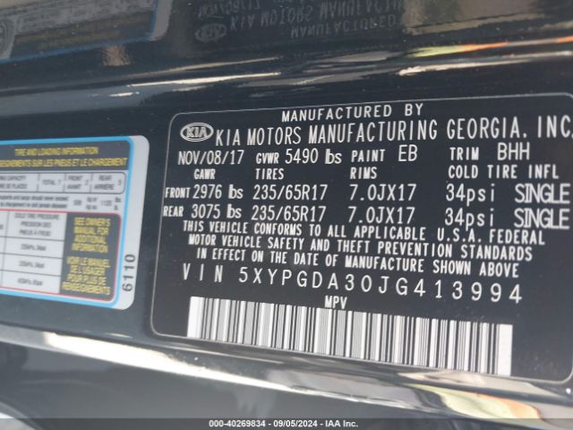 Photo 8 VIN: 5XYPGDA30JG413994 - KIA SORENTO 