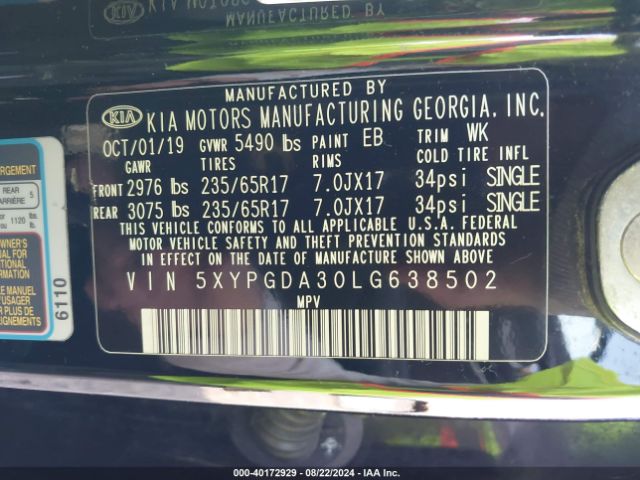 Photo 8 VIN: 5XYPGDA30LG638502 - KIA SORENTO 