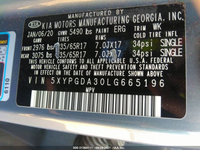 Photo 8 VIN: 5XYPGDA30LG665196 - KIA SORENTO 