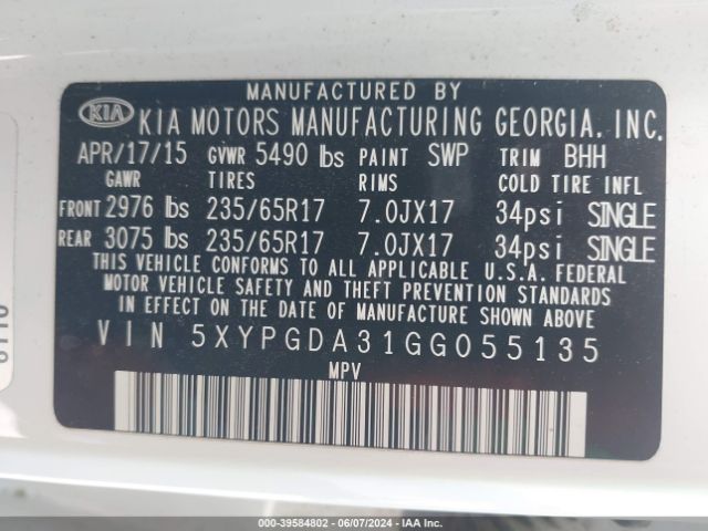 Photo 8 VIN: 5XYPGDA31GG055135 - KIA SORENTO 