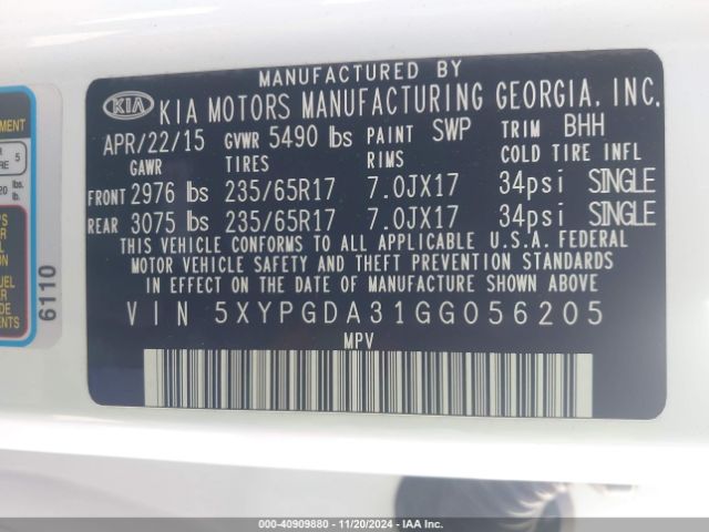 Photo 8 VIN: 5XYPGDA31GG056205 - KIA SORENTO 