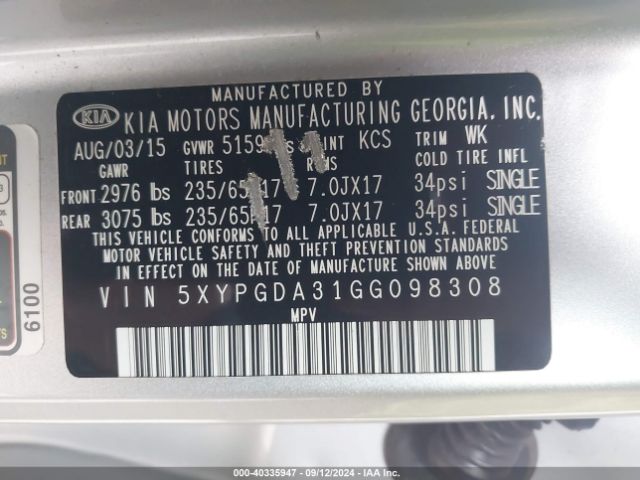 Photo 8 VIN: 5XYPGDA31GG098308 - KIA SORENTO 