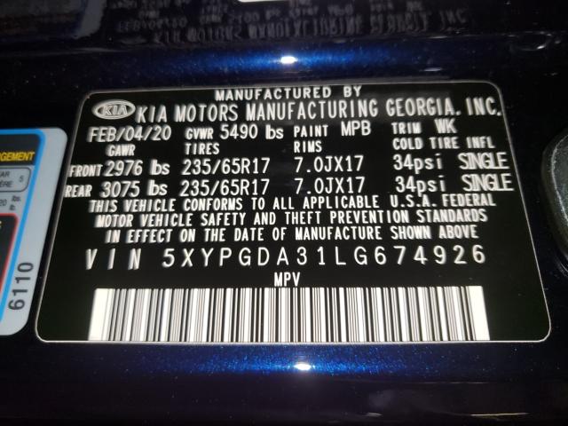 Photo 9 VIN: 5XYPGDA31LG674926 - KIA SORENTO L 