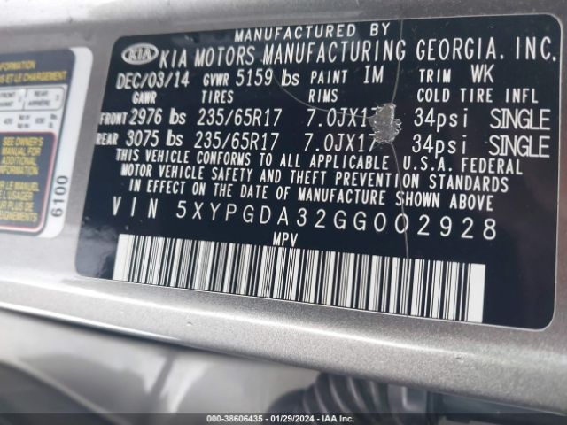 Photo 8 VIN: 5XYPGDA32GG002928 - KIA SORENTO 