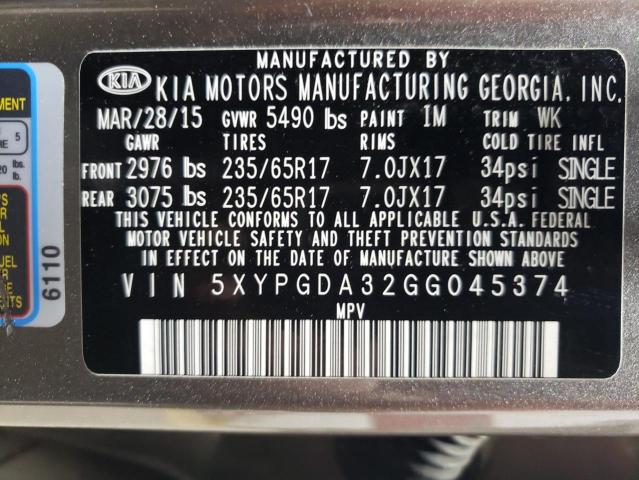 Photo 12 VIN: 5XYPGDA32GG045374 - KIA SORENTO LX 