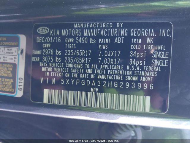 Photo 8 VIN: 5XYPGDA32HG293996 - KIA SORENTO 