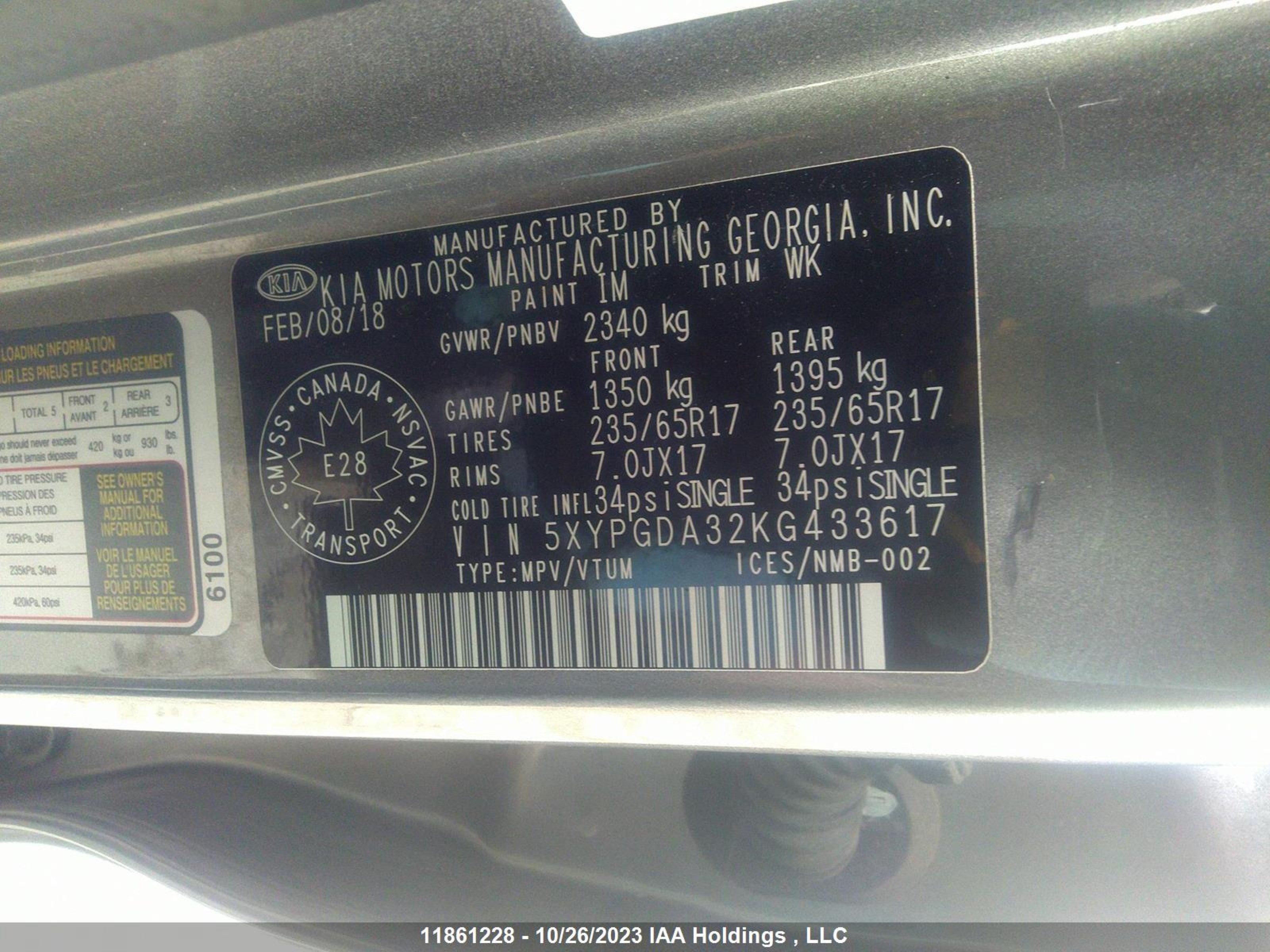 Photo 8 VIN: 5XYPGDA32KG433617 - KIA SORENTO 