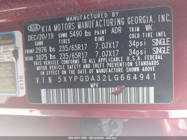 Photo 8 VIN: 5XYPGDA32LG664941 - KIA SORENTO 