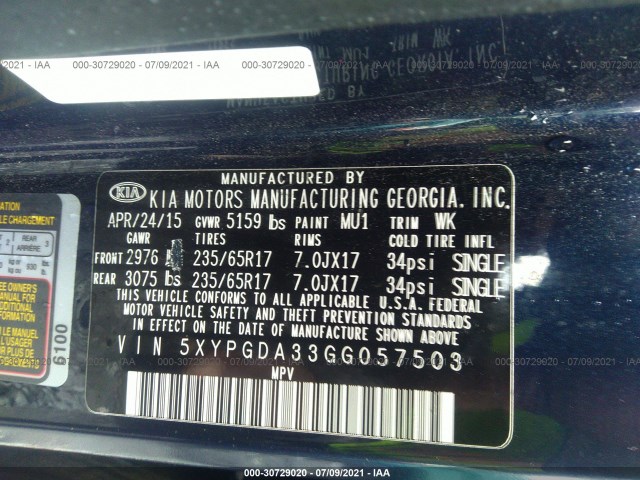 Photo 8 VIN: 5XYPGDA33GG057503 - KIA SORENTO 