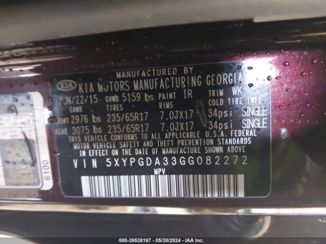 Photo 8 VIN: 5XYPGDA33GG082272 - KIA SORENTO 