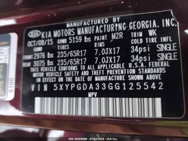 Photo 8 VIN: 5XYPGDA33GG125542 - KIA SORENTO 