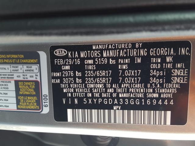 Photo 9 VIN: 5XYPGDA33GG169444 - KIA SORENTO LX 