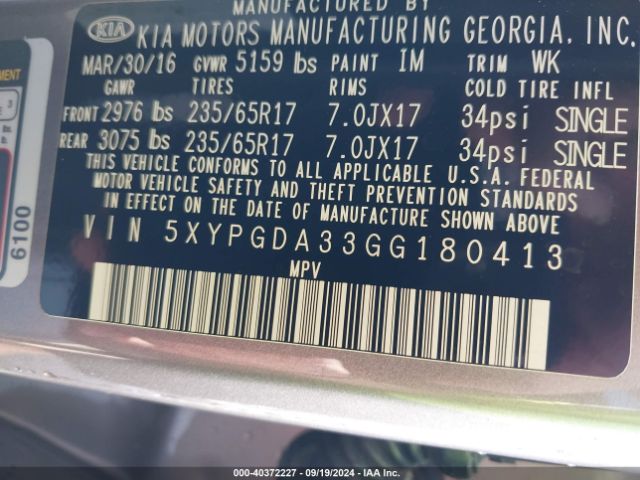 Photo 8 VIN: 5XYPGDA33GG180413 - KIA SORENTO 