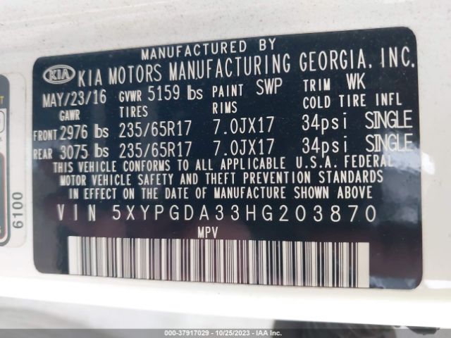 Photo 8 VIN: 5XYPGDA33HG203870 - KIA SORENTO 