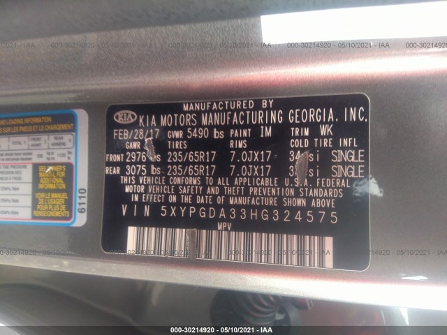 Photo 8 VIN: 5XYPGDA33HG324575 - KIA SORENTO 