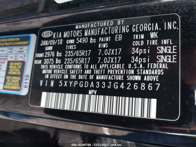 Photo 8 VIN: 5XYPGDA33JG426867 - KIA SORENTO 