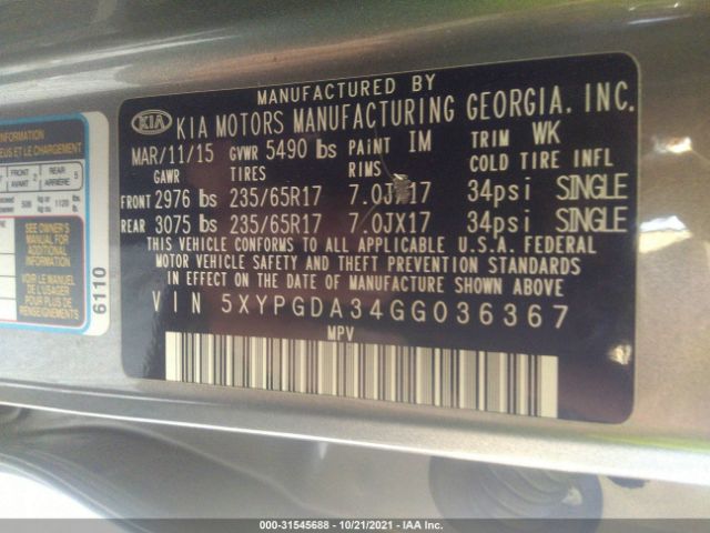 Photo 8 VIN: 5XYPGDA34GG036367 - KIA SORENTO 