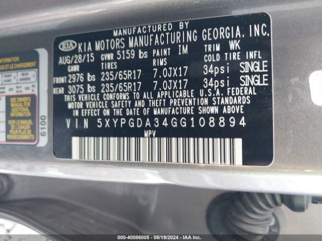 Photo 8 VIN: 5XYPGDA34GG108894 - KIA SORENTO 