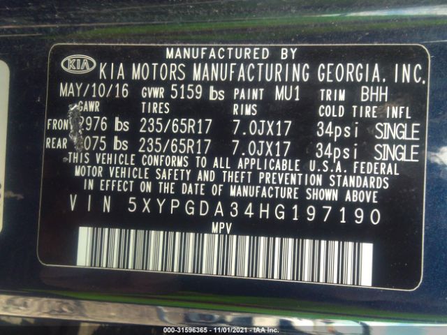 Photo 8 VIN: 5XYPGDA34HG197190 - KIA SORENTO 