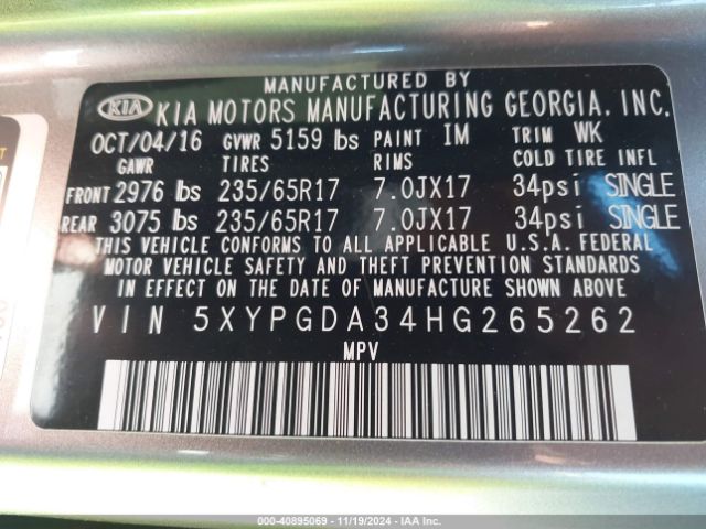 Photo 8 VIN: 5XYPGDA34HG265262 - KIA SORENTO 