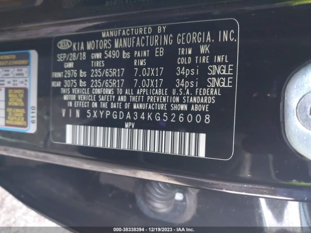 Photo 8 VIN: 5XYPGDA34KG526008 - KIA SORENTO 