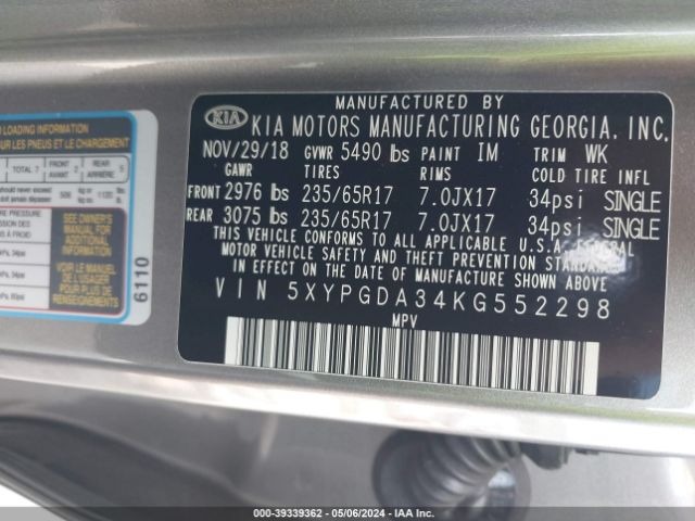 Photo 8 VIN: 5XYPGDA34KG552298 - KIA SORENTO 