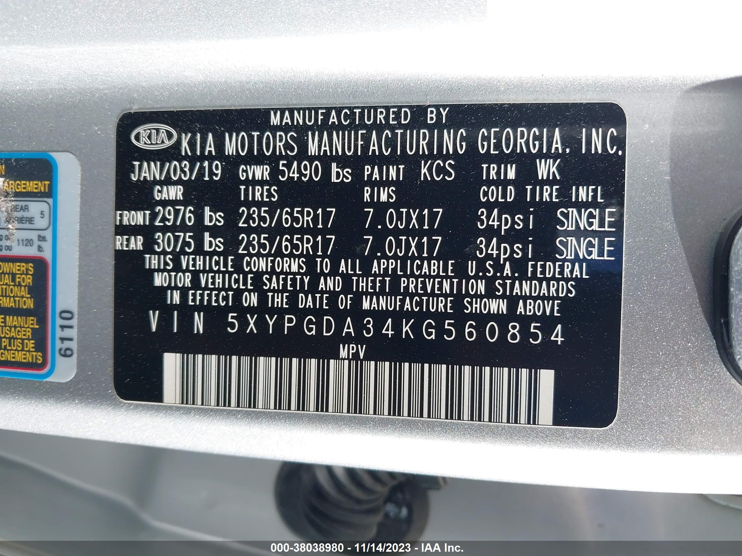 Photo 8 VIN: 5XYPGDA34KG560854 - KIA SORENTO 