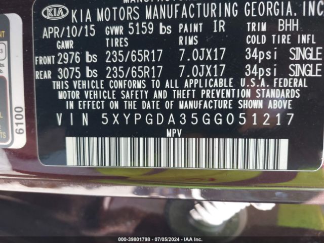 Photo 8 VIN: 5XYPGDA35GG051217 - KIA SORENTO 