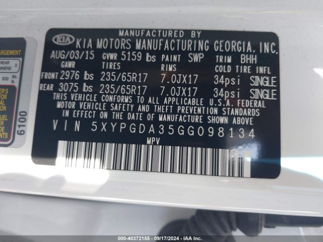 Photo 8 VIN: 5XYPGDA35GG098134 - KIA SORENTO 