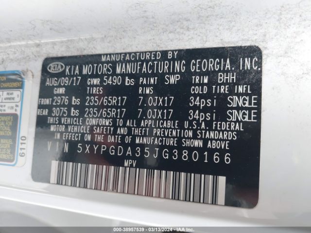 Photo 8 VIN: 5XYPGDA35JG380166 - KIA SORENTO 