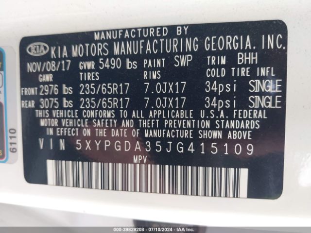 Photo 8 VIN: 5XYPGDA35JG415109 - KIA SORENTO 