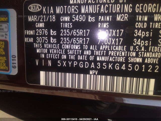 Photo 8 VIN: 5XYPGDA35KG450122 - KIA SORENTO 