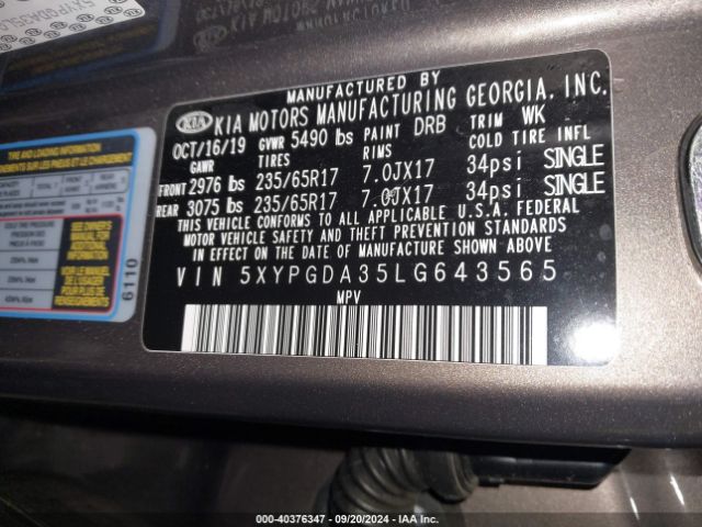 Photo 8 VIN: 5XYPGDA35LG643565 - KIA SORENTO 