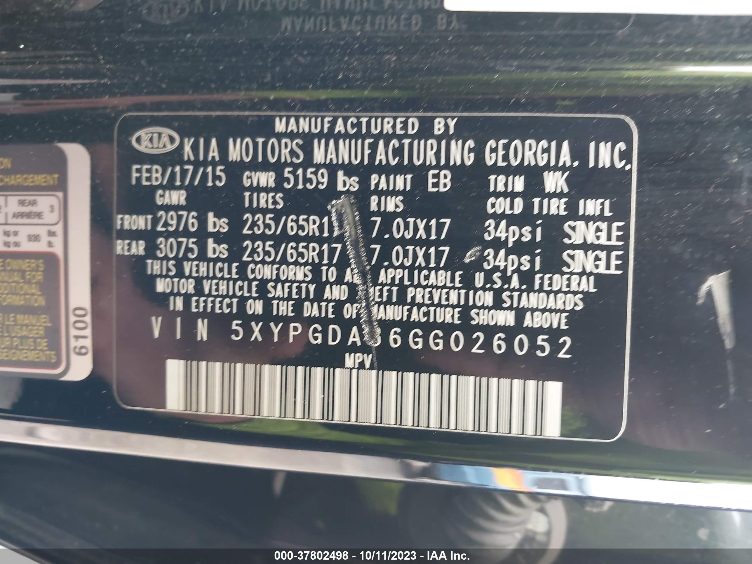 Photo 8 VIN: 5XYPGDA36GG026052 - KIA SORENTO 