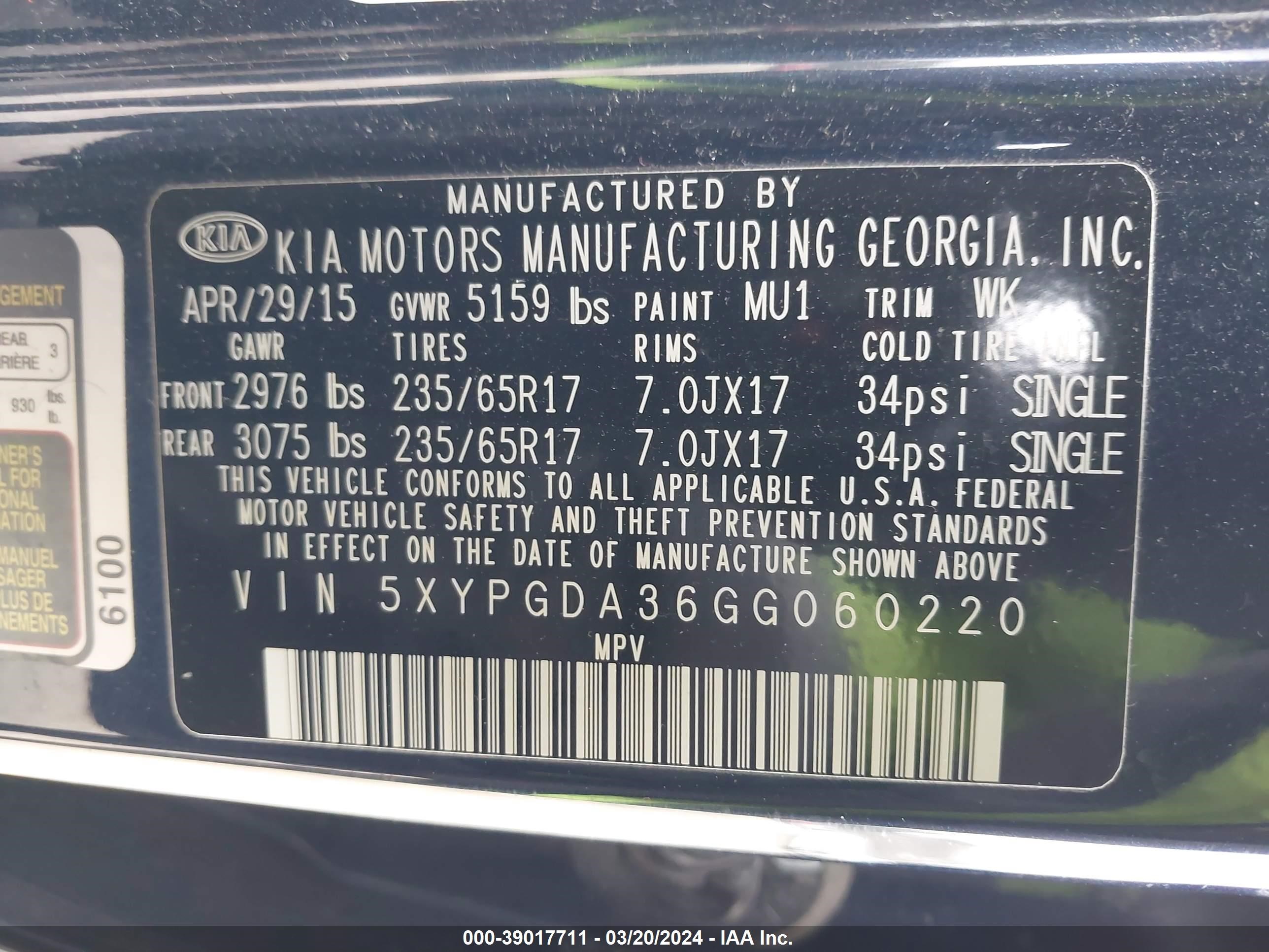 Photo 8 VIN: 5XYPGDA36GG060220 - KIA SORENTO 