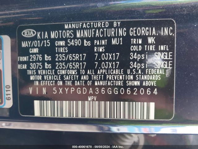 Photo 8 VIN: 5XYPGDA36GG062064 - KIA SORENTO 