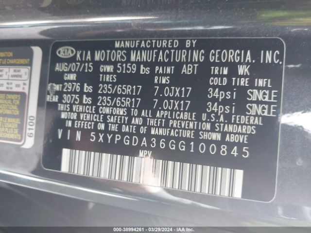 Photo 8 VIN: 5XYPGDA36GG100845 - KIA SORENTO 