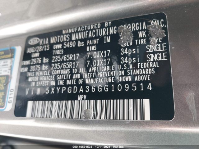 Photo 8 VIN: 5XYPGDA36GG109514 - KIA SORENTO 