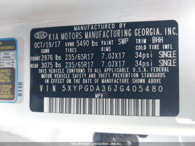 Photo 8 VIN: 5XYPGDA36JG405480 - KIA SORENTO 