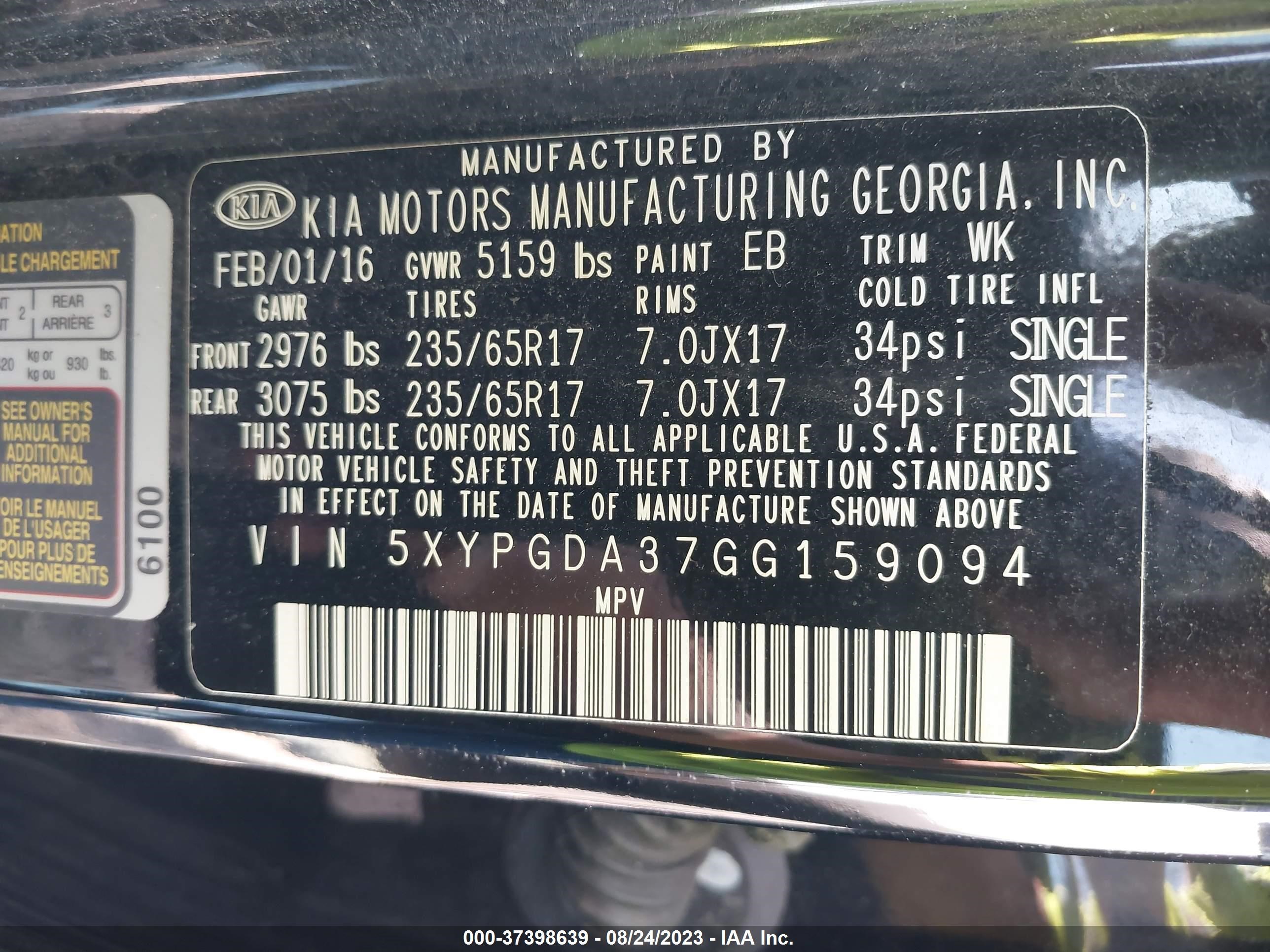 Photo 8 VIN: 5XYPGDA37GG159094 - KIA SORENTO 